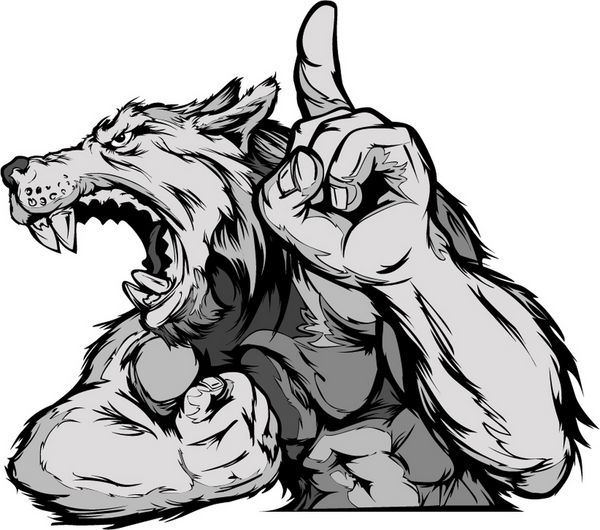 تصویر طلسم وکتور کارتونی از گرگ یا کایوت در حال خم کردن بازوها و بالا نگه داشتن انگشت قهرمان
