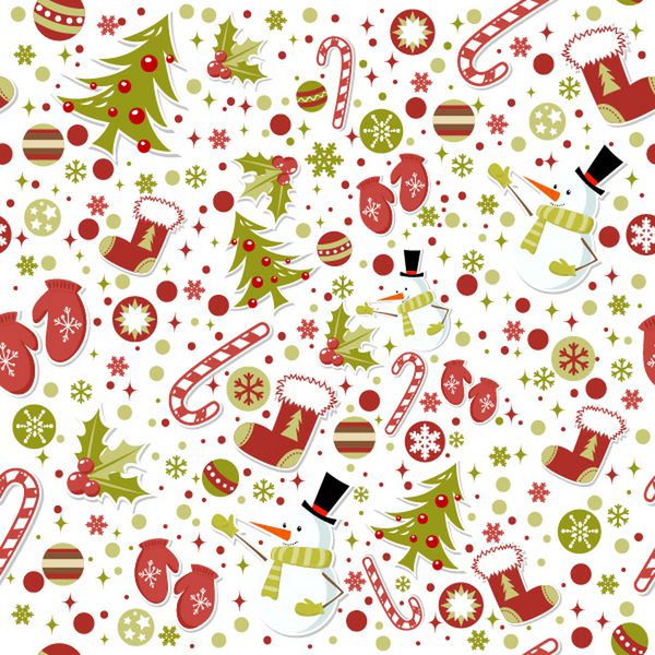الگوی بدون درز با دستکش های کریسمس کارتونی زیبا نیشکر آب نبات توت هالی آدم برفی خندان و جوراب ساق بلند قرمز با درخت کریسمس