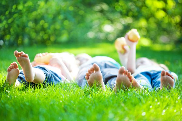کودکان دراز کشیدن روی چمن پیک نیک خانوادگی در پارک بهار