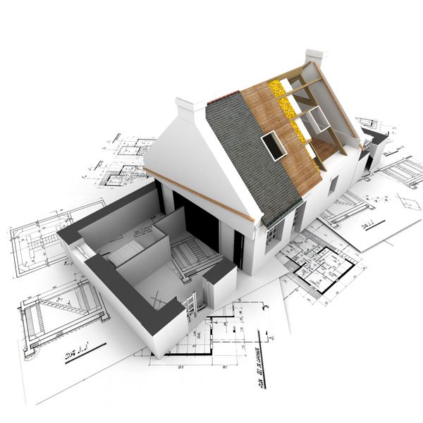 خانه ای با لایه های سقف نمایان در بالای نقشه های معمار