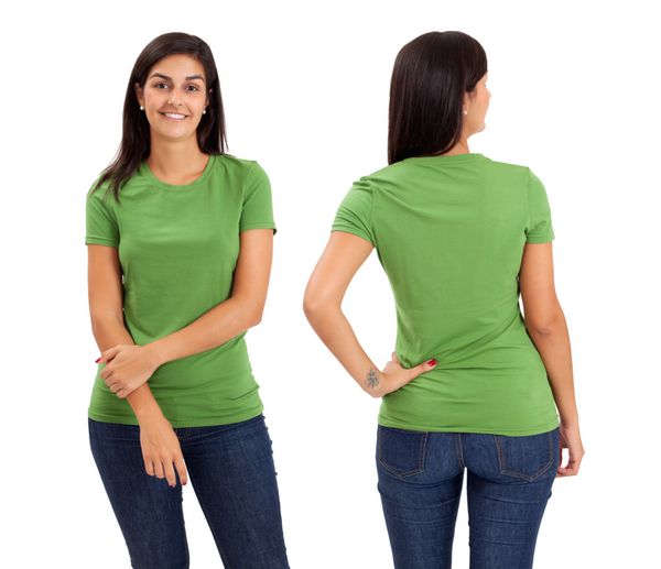 زن جوان زیبا با پیراهن سبز خالی جلو و پشت آماده برای طراحی و یا آرم خود