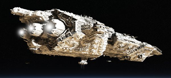 رزمناو نبرد غول پیکر و کشتی‌های پیشاهنگ کوچک در مدار پایین بر فراز سیاره تصویر سه بعدی دیجیتالی