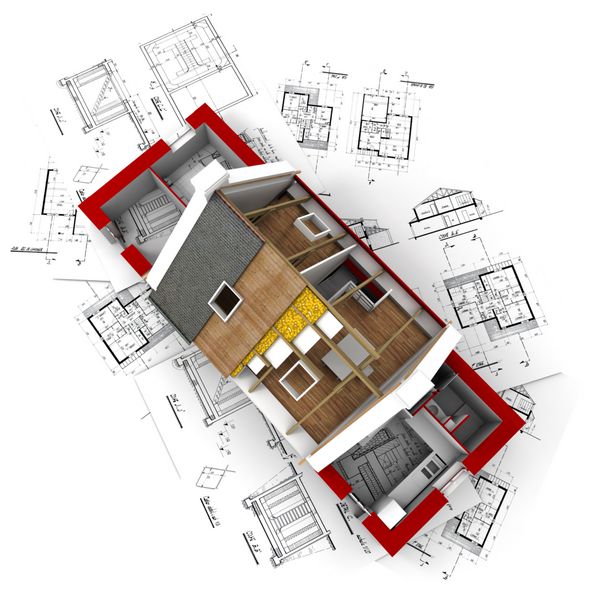 رندر سه بعدی خانه بدون سقف در بالای نقشه های معمار