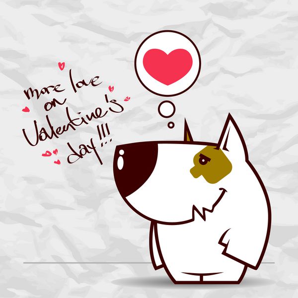 کارت تبریک روز با سگ کارتونی خنده دار و قلب روی پس زمینه کاغذ