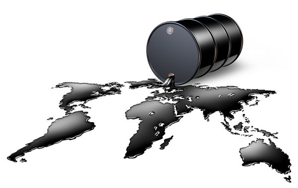 صنعت نفت با ریل سیاه نفت خام مایع سوخت فسیلی به عنوان نقشه جهان به عنوان یک مفهوم انرژی از تجارت کالاهای بین المللی توسط کارتل نفت