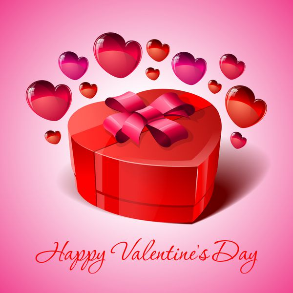 جعبه کادویی قرمز رنگ که با روبانی به شکل قلب بسته شده است روز یا عروسی وکتور