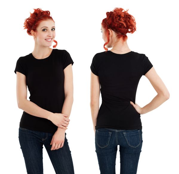زن جوان مو قرمز زیبا با پیراهن مشکی خالی جلو و پشت آماده برای طراحی یا اثر هنری شما