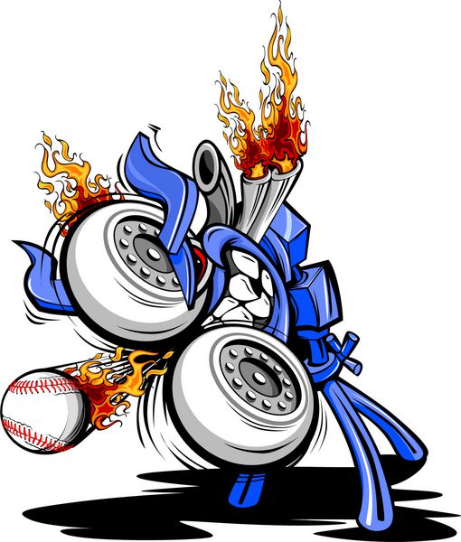 وکتور کارتونی یک دستگاه بیسبال هیولا با موتور بزرگ و لوله های اگزوز شعله ور
