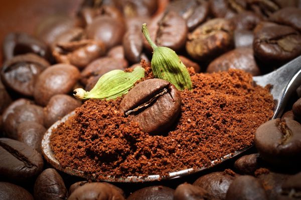 دانه های قهوه عربی با هل سبز - نوشیدنی سنتی شرقی نمای نزدیک از دانه قهوه در پشته قهوه بو داده