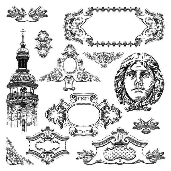 طراحی زینتی طرح وینتیج با دست از ساختمان تاریخی لویو اوکراین مجموعه وکتور عناصر طراحی خوشنویسی و تزیین صفحه
