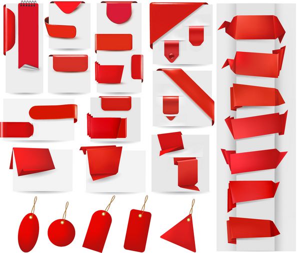 مجموعه بزرگی از بنرها و برچسب های کاغذی اریگامی قرمز وکتور