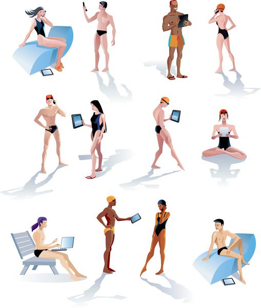 دوازده شخصیت از مردان و زنان جوان و باحال با لباس شنا و استفاده از ابزارهای فناوری مانند تلفن های هوشمند لپ تاپ و تبلت های دیجیتال هر یک از آنها را می توان به راحتی به طور مستقل گرفت