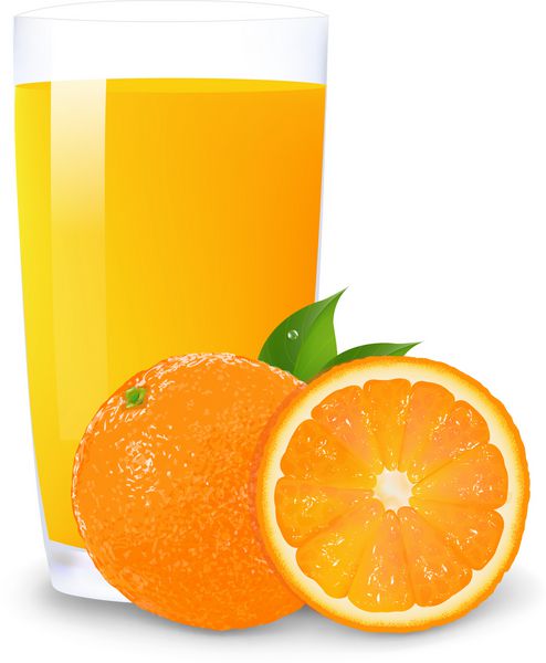 آب پرتقال و تکه های پرتقال جدا شده در پس زمینه سفید وکتور
