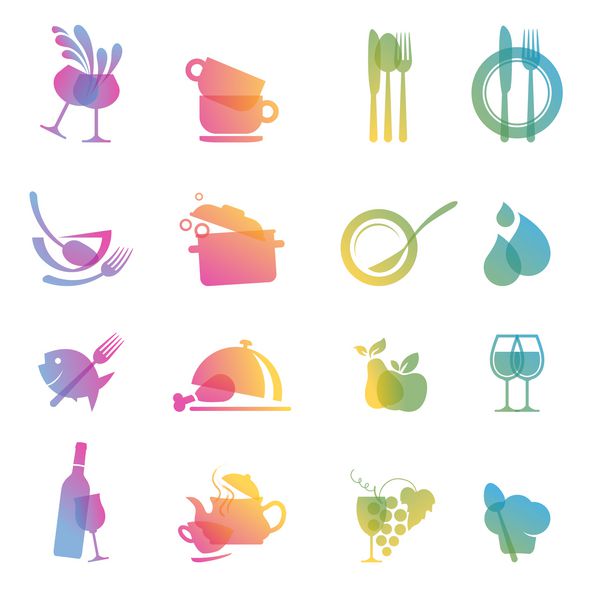 مجموعه ای از نمادهای رنگارنگ غذا و نوشیدنی برای رستوران ها