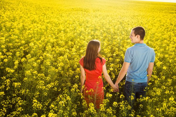 زوج جوان شاد و عاشق در حال راه رفتن و دست در دست گرفتن در مزرعه زرد رنگ است