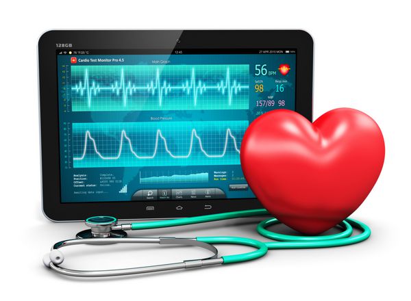 مفهوم فناوری ابزار پزشکی قلب و عروق پزشکی و بیماری سلامت قلب رایانه تبلت با نرم افزار تست تشخیصی قلب گوشی پزشکی و شکل قلب قرمز جدا شده روی سفید