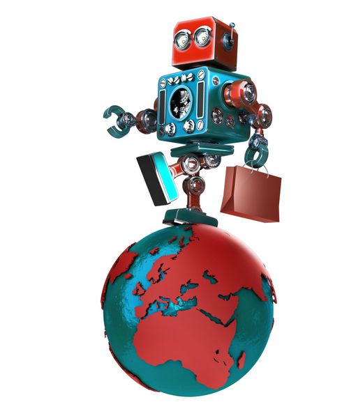 ربات رترو با کیف مغازه در حال قدم زدن در سراسر جهان جدا شده شامل مسیر برش