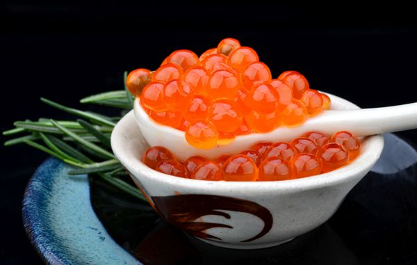 تخم مرغ سالمون خام به سبک ژاپنی بسیار زیبا به رنگ نارنجی