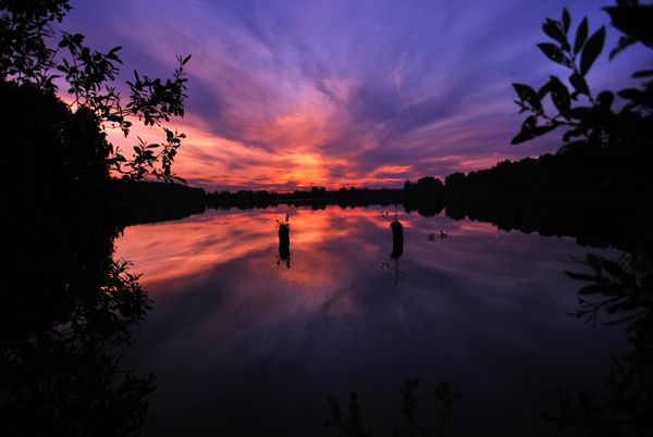 انعکاس غروب خورشید در دریاچه sramnoe منطقه مسکو