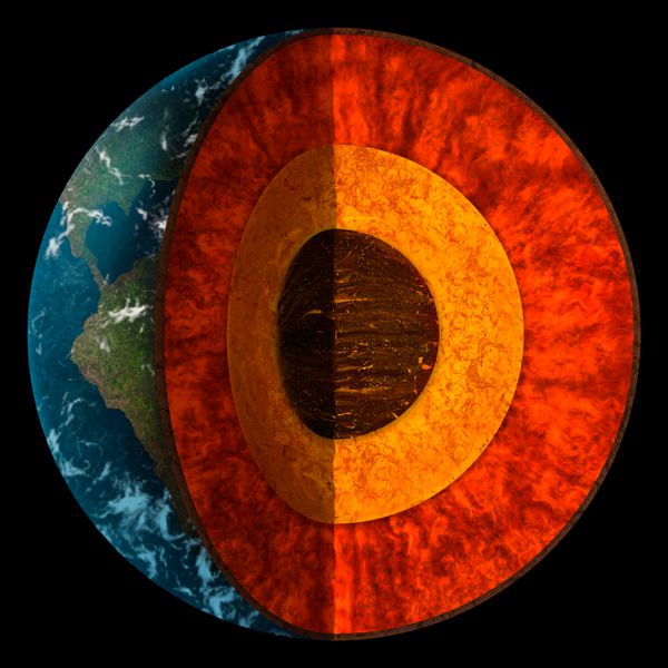 تصویر دیجیتالی از مقطعی از سیاره زمین که لایه‌های جداگانه‌ای از هسته را نشان می‌دهد