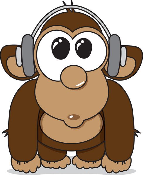 میمون کارتونی خنده دار با هدفون در حال گوش دادن به موسیقی وکتور