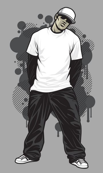 وکتور وکتور مدل تی شرت مردانه شهری از یک مدل مرد جوان شهری که با تی شرت سفید شلوار مشکی گشاد و کلاه توپی سفید جلوی عناصر طراحی گرافیتی در پس زمینه ژست گرفته است