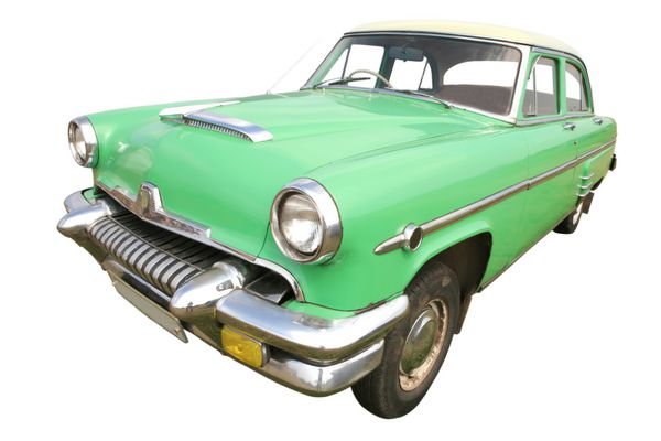 ماشین رترو آمریکایی دهه 50 به رنگ سبز روشن در زمینه سفید قدیمی