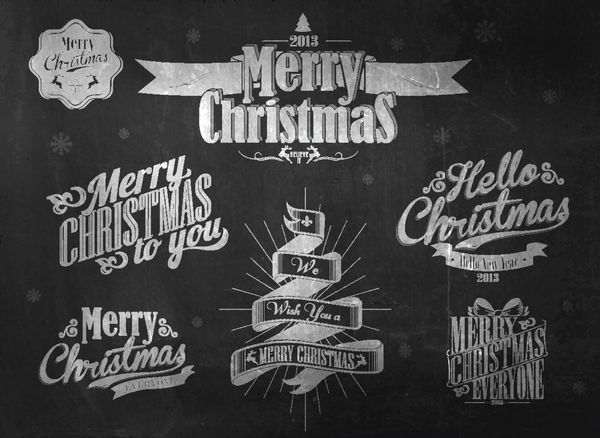 پس زمینه خوشنویسی و تایپوگرافی کریسمس مبارک و سال نو مبارک با هنر کلمه گچی روی تخته سیاه