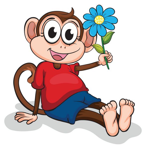 تصویر یک میمون با گل آبی در پس زمینه سفید