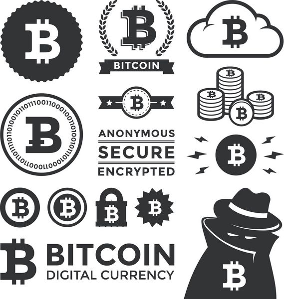وکتور از عناصر طراحی بیت کوین نشان ها برچسب ها و نمادها شامل یک مجرم سایه بان برای نشان دادن جنبه ناشناس و بازار سیاه ارز است