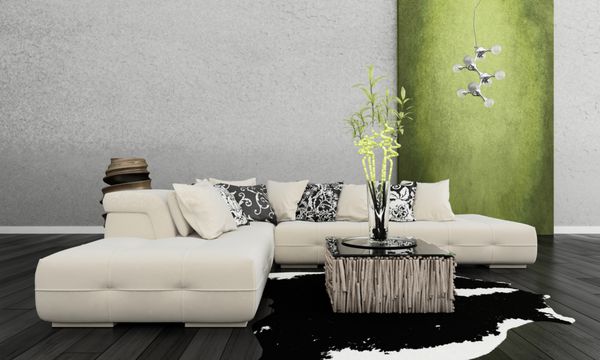 رندر سه بعدی از فضای داخلی آپارتمان با کاناپه سفید در برابر دیوار سبز لیمویی