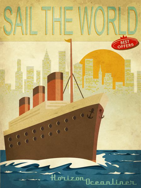 دریانوردی به جهان - پوستر کلاسیک با کشتی اقیانوس پیما و منظره شهری