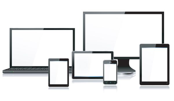 دستگاه های موبایل و کامپیوتر واقعی با لپ تاپ صفحه نمایش مانیتور تبلت به سبک ipad تبلت کوچک و گوشی هوشمند - هر دستگاه در یک لایه جداگانه گروه بندی شده است بازتاب ها