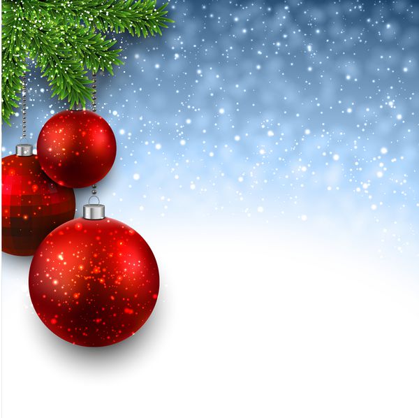 پس زمینه کریسمس آبی با توپ های تزئینی قرمز روی شاخه های صنوبر وکتور
