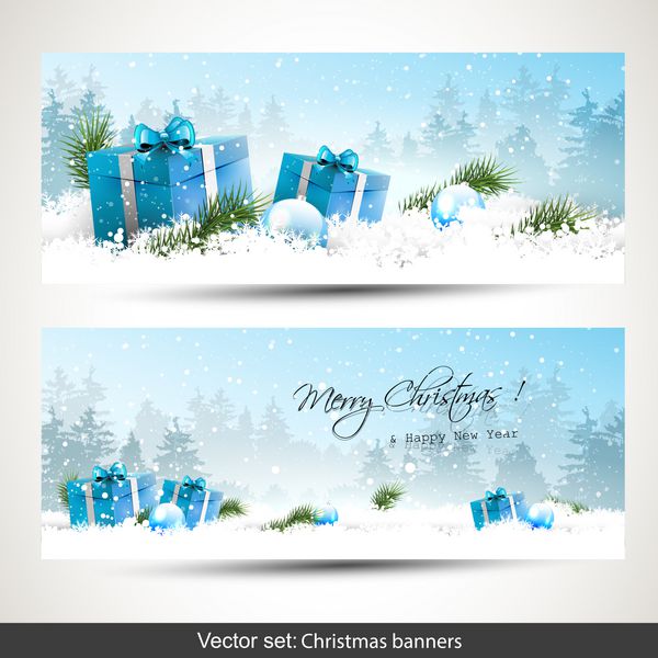 مجموعه دو بنر کریسمس با جعبه های هدیه آبی در برف
