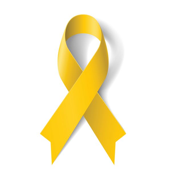 روبان آگاهی زرد در پس زمینه سفید سرطان استخوان و نماد حمایت از سربازان