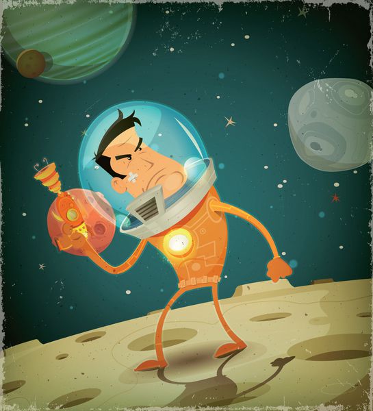 تصویر قهرمان کمیک فضانورد از یک شخصیت قهرمان فضانورد کمیک کارتونی در پس‌زمینه منظره کیهان علمی
