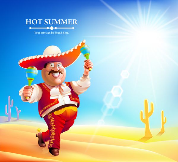 مرد مکزیکی کارتونی با سومبررو که در حال پریدن بطری و ماراکا در دست دارد
