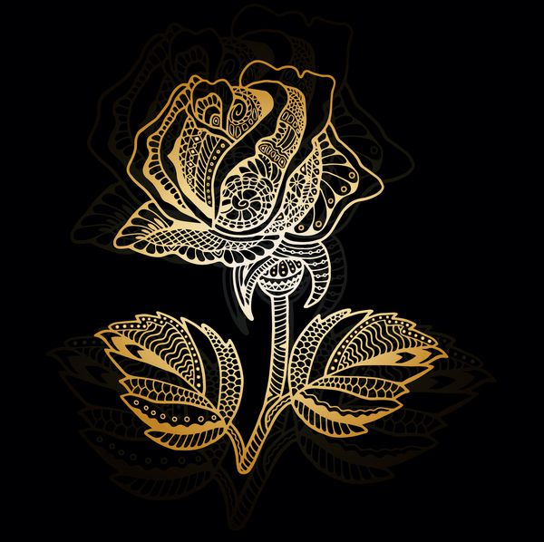 گل رز طلایی گل طراحی شده با دست تزئینات قومی با گل الگوی L دقیق جدا شده روی سیاه وکتور