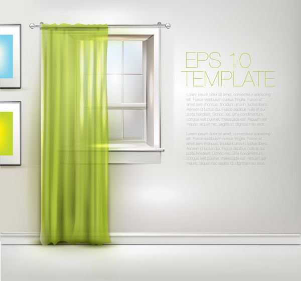 پنجره بهاری با پرده های سبز قالب وکتور قابل ویرایش