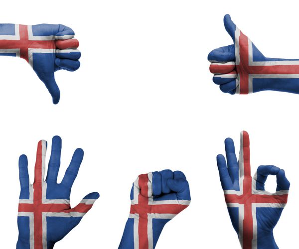 مجموعه ای از دست ها با حرکات مختلف در پرچم ایسلند پیچیده شده است
