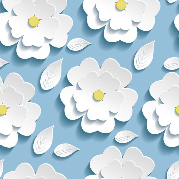 پس زمینه زیبا و مد روز طرح بدون درز آبی با ساکورا و برگ های گل سه بعدی سفید شکوفا کاغذ دیواری مدرن گلدار وکتور