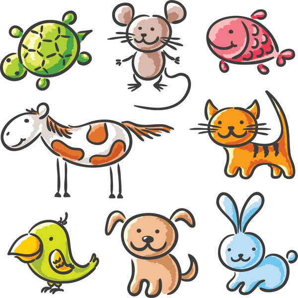 مجموعه ای از حیوانات خانگی کارتونی طرح دار
