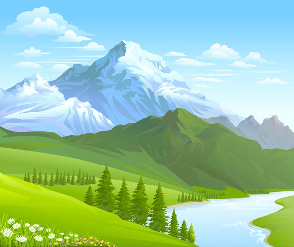 کوه برفی و رودخانه ای که در یک دره جاری است