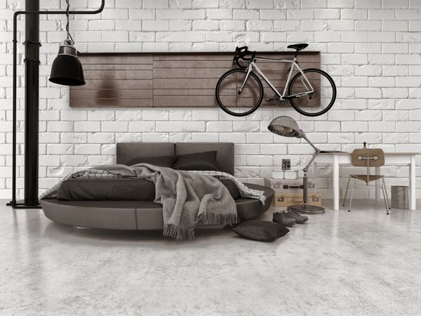 رندر سه بعدی اتاق خواب مدرن در آپارتمان با مبلمان تخت گرد و دوچرخه آویزان شده روی دیوار