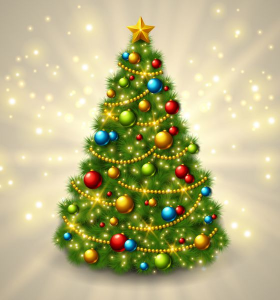 درخت کریسمس با گلدان های رنگارنگ و ستاره طلایی در بالای آن وکتور پس زمینه جشن درخشان با پرتوهای نور و جرقه