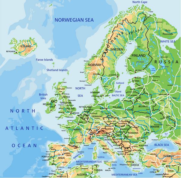 نقشه فیزیکی اروپا با جزئیات بالا با برچسب