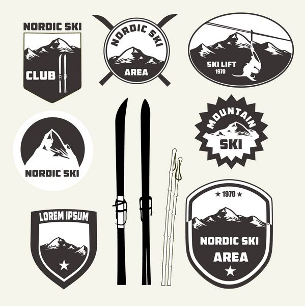 مجموعه ای از عناصر طراحی اسکی نوردیک نشان ها و وصله های آرم