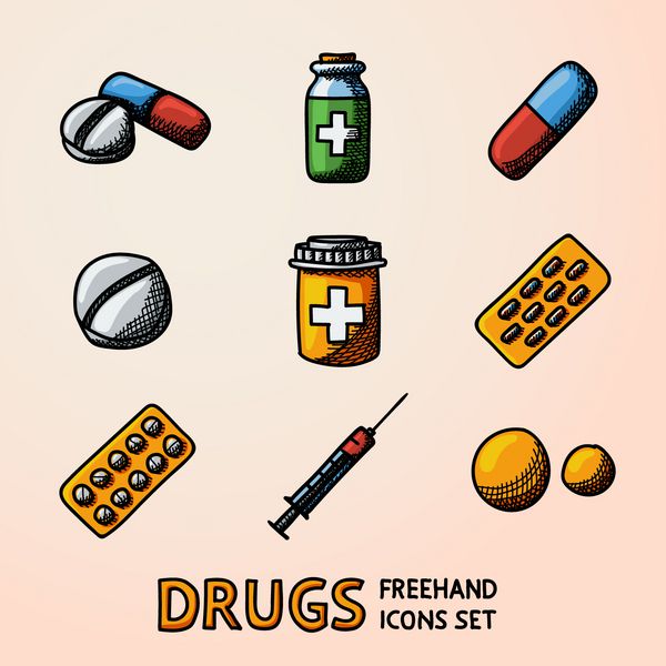 دارو داروها آیکون های رنگارنگ دستی مجموعه با - جعبه قرص قرص قرص تاول ویتامین سرنگ داروی مایع