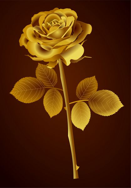 گل رز زیبا طلا با گلبرگ ساقه برگ و خار طراحی واقع بینانه رز طلایی سه بعدی مفهوم تبریک گل تصویر برداری از هنر بردار در زمینه تاریک زیبا جدا شده است